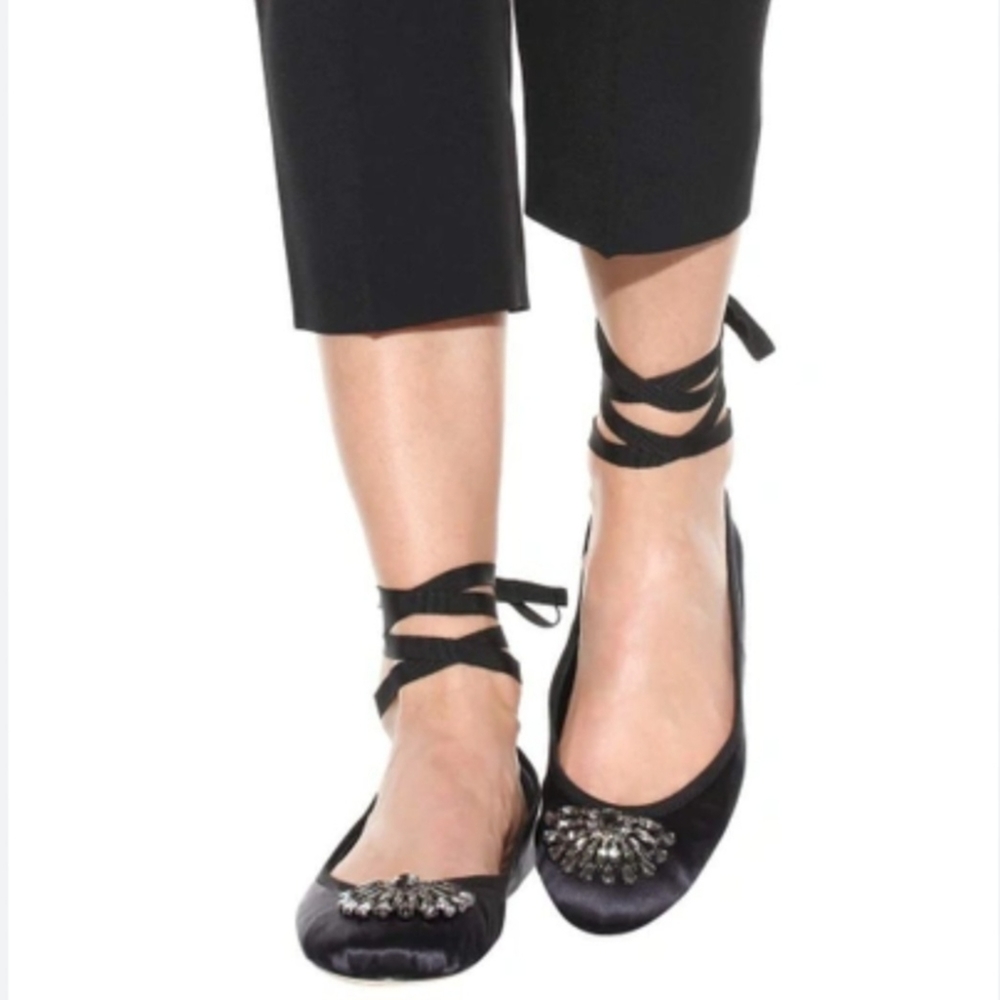 Jimmy Choo Blue Jeweled Toe Grosgrain Ankle Strap Ballet Flats - Picture 11 of 13